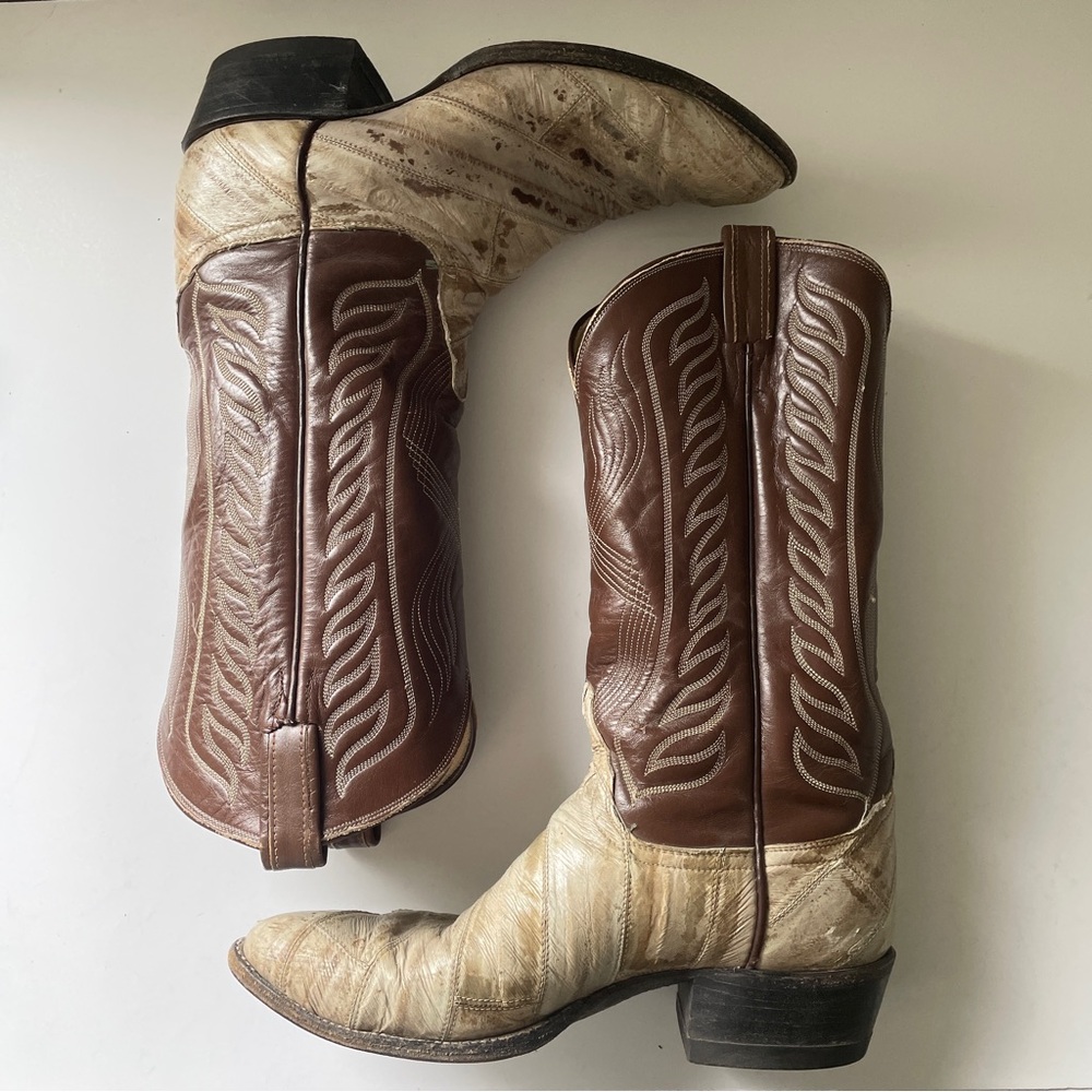 Vintage TONY LAMA Teju Lizard Patchwork Cowboy Boots Western Boho 💥FLAWS💥 9.5 D